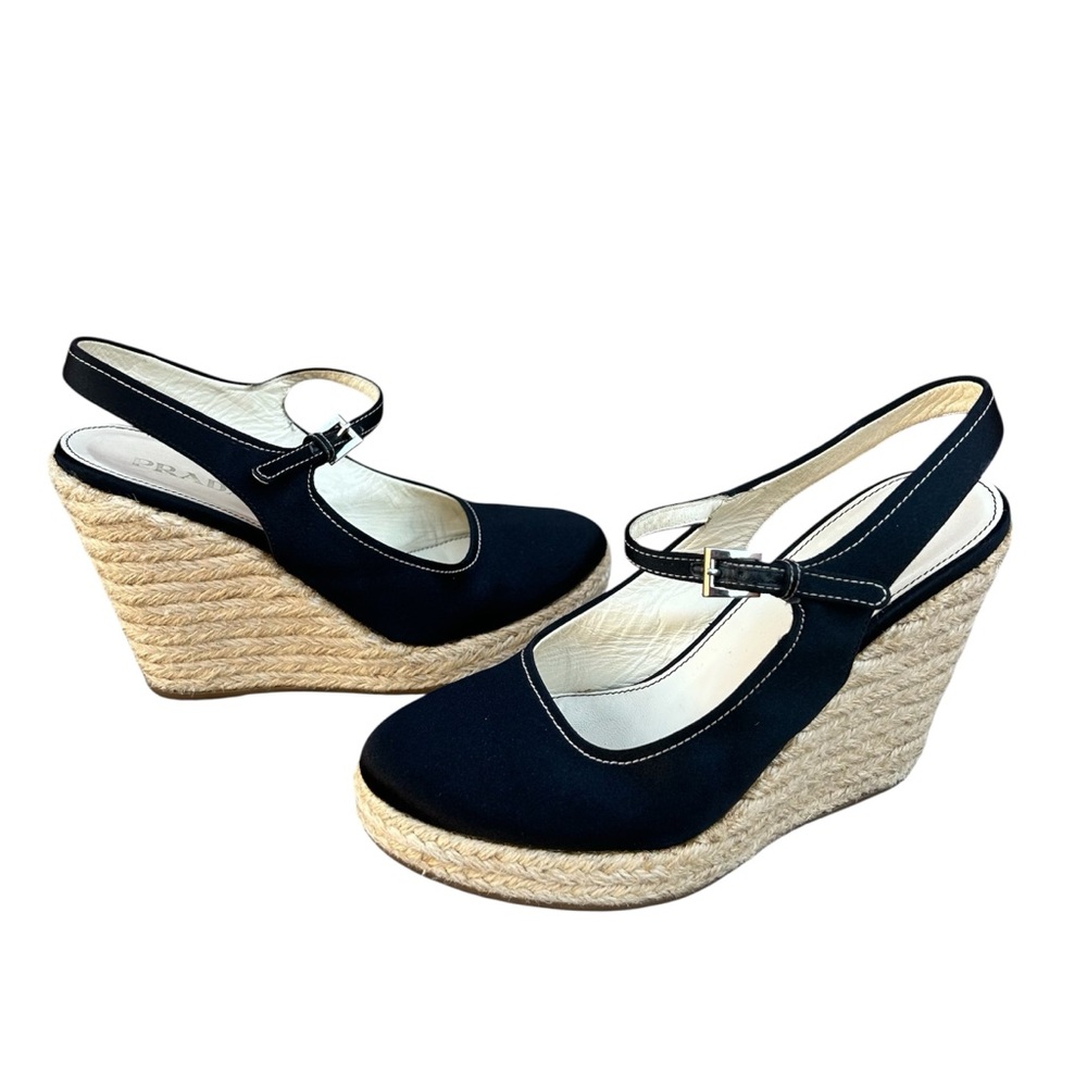 $595~PRADA~Black Matte Silk Mary Jane Espadrille Wedge Sandal~37.5